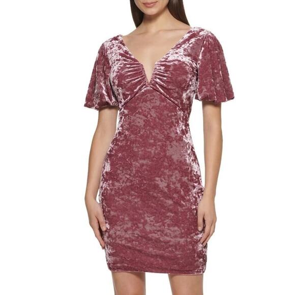 Guess Crushed Velvet Dress Puff Sleeve V-Neck Cocktail Bodycon Mini Mauve Pink 6 - Picture 1 of 9